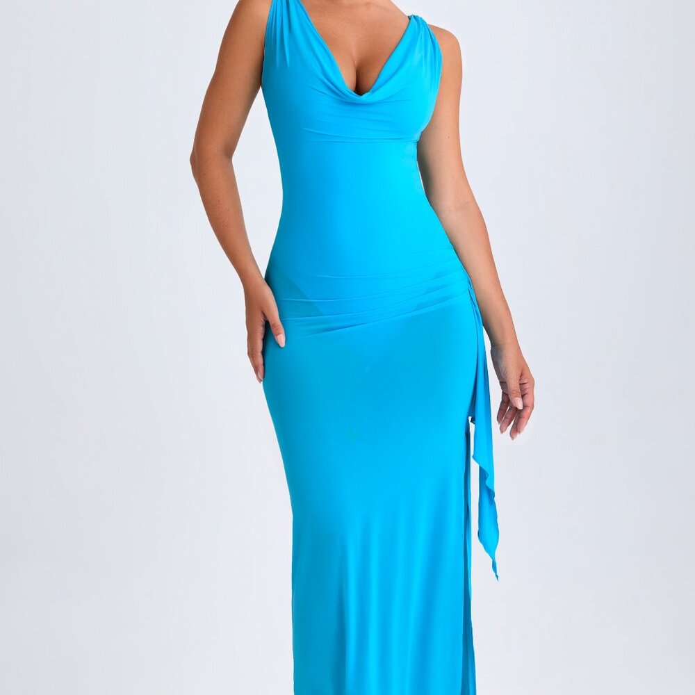 Oh Polly Ruffle-Trim Cowl-Neck Midaxi Dress in Aqua Blue Size SS